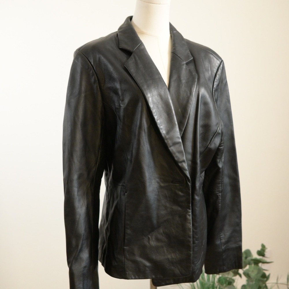 Jaclyn Smith Classic Black Genuine Leather Blazer Jacket XL Single Button Lined